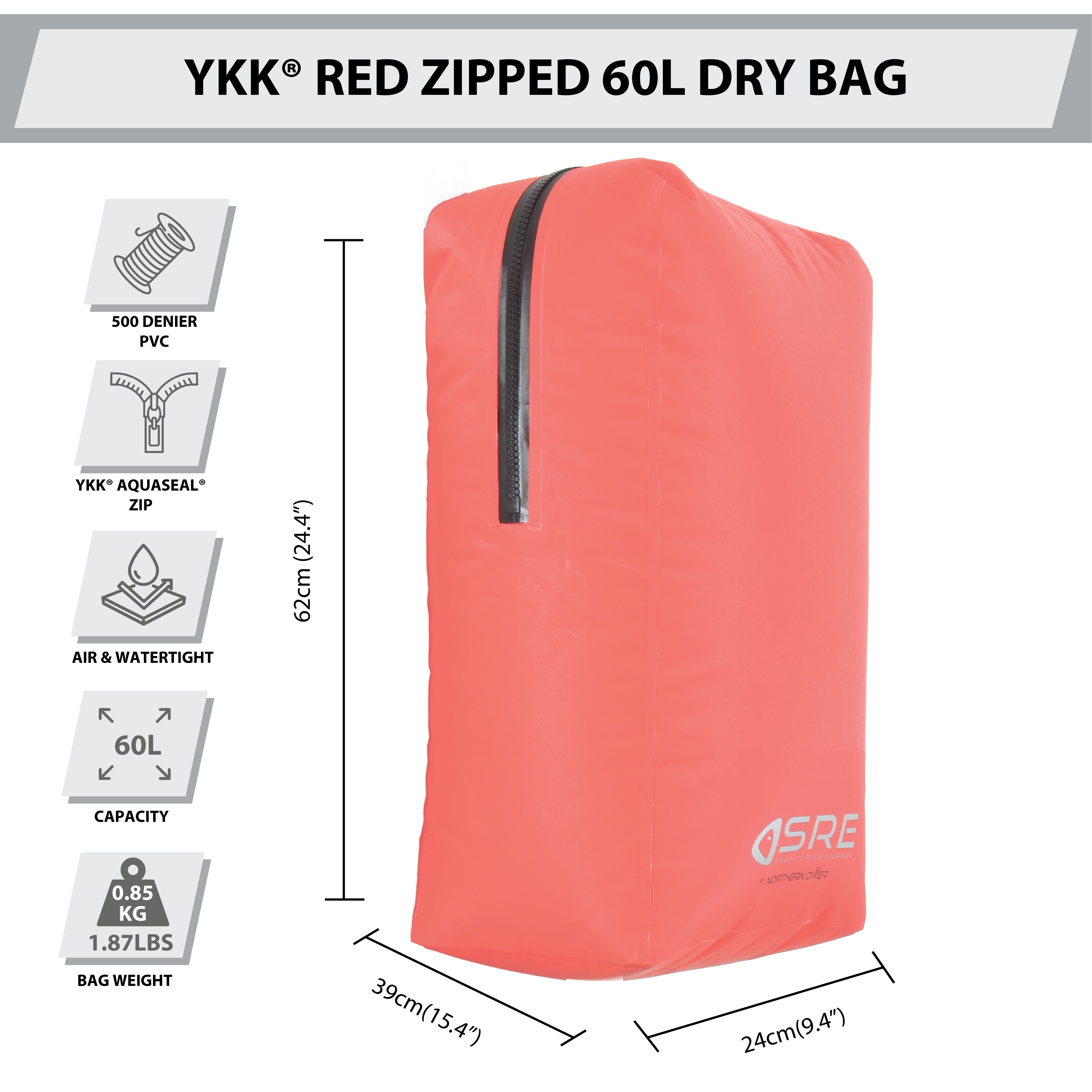 RED Zipped dry bag | dimensions