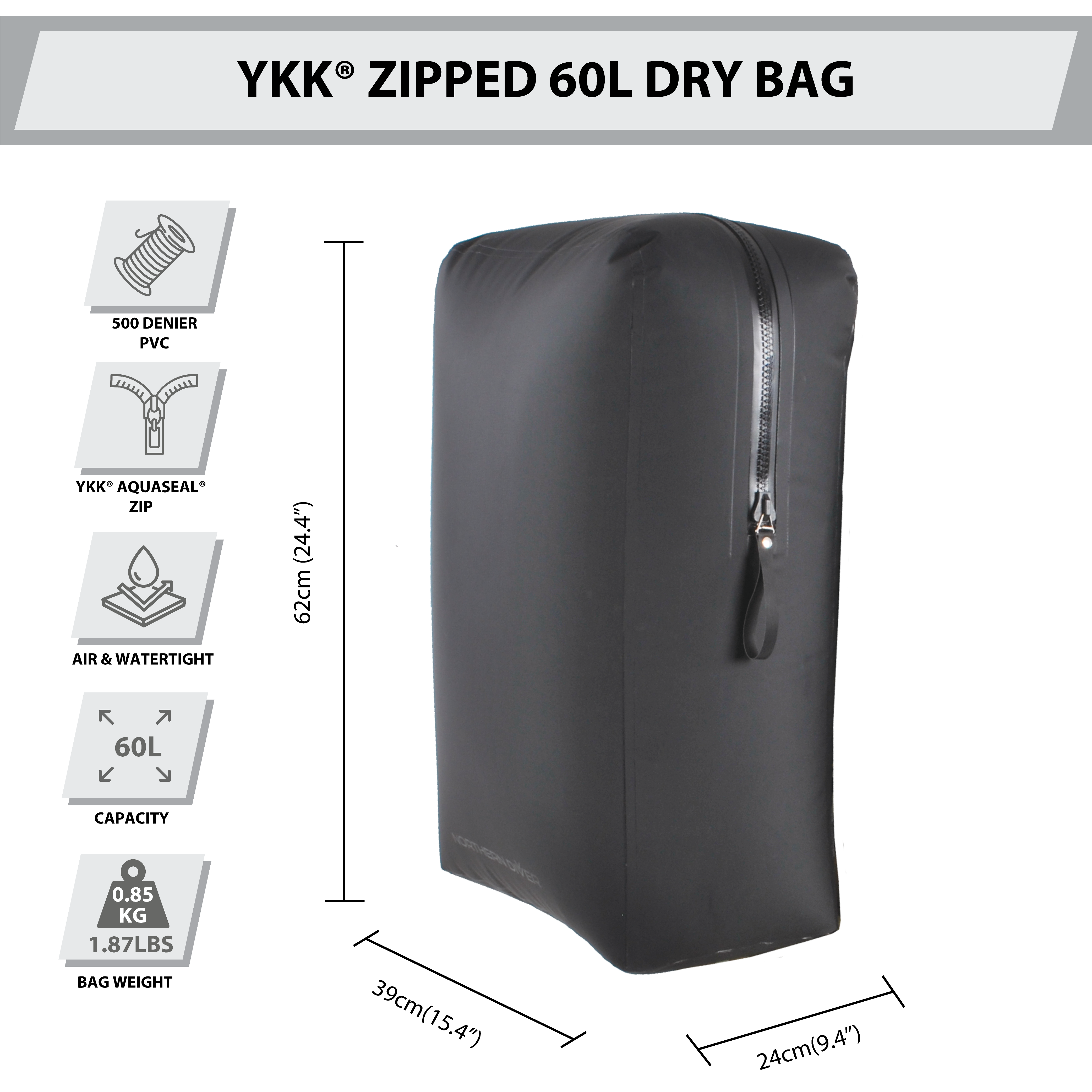 60L YKK® zipped dry bag| dimensions
