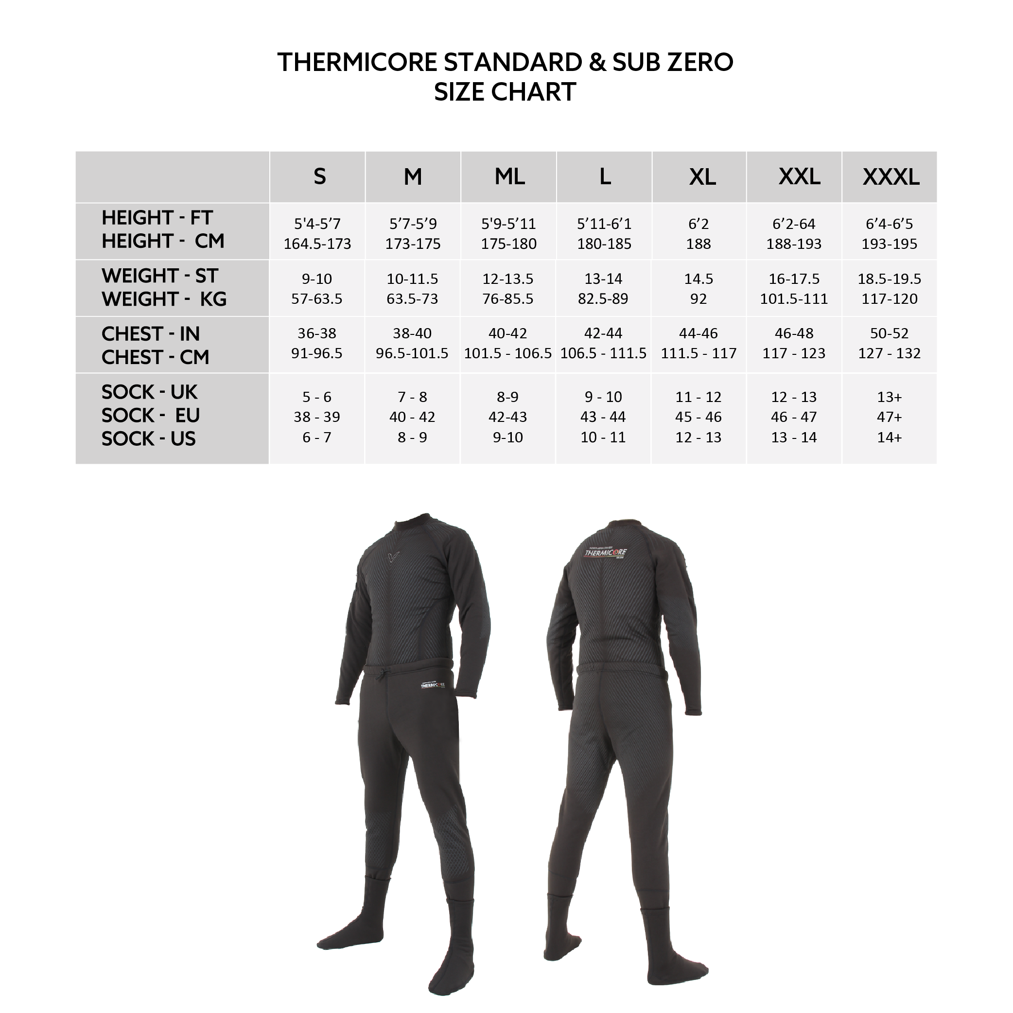 Size chart for thermicore undersuit