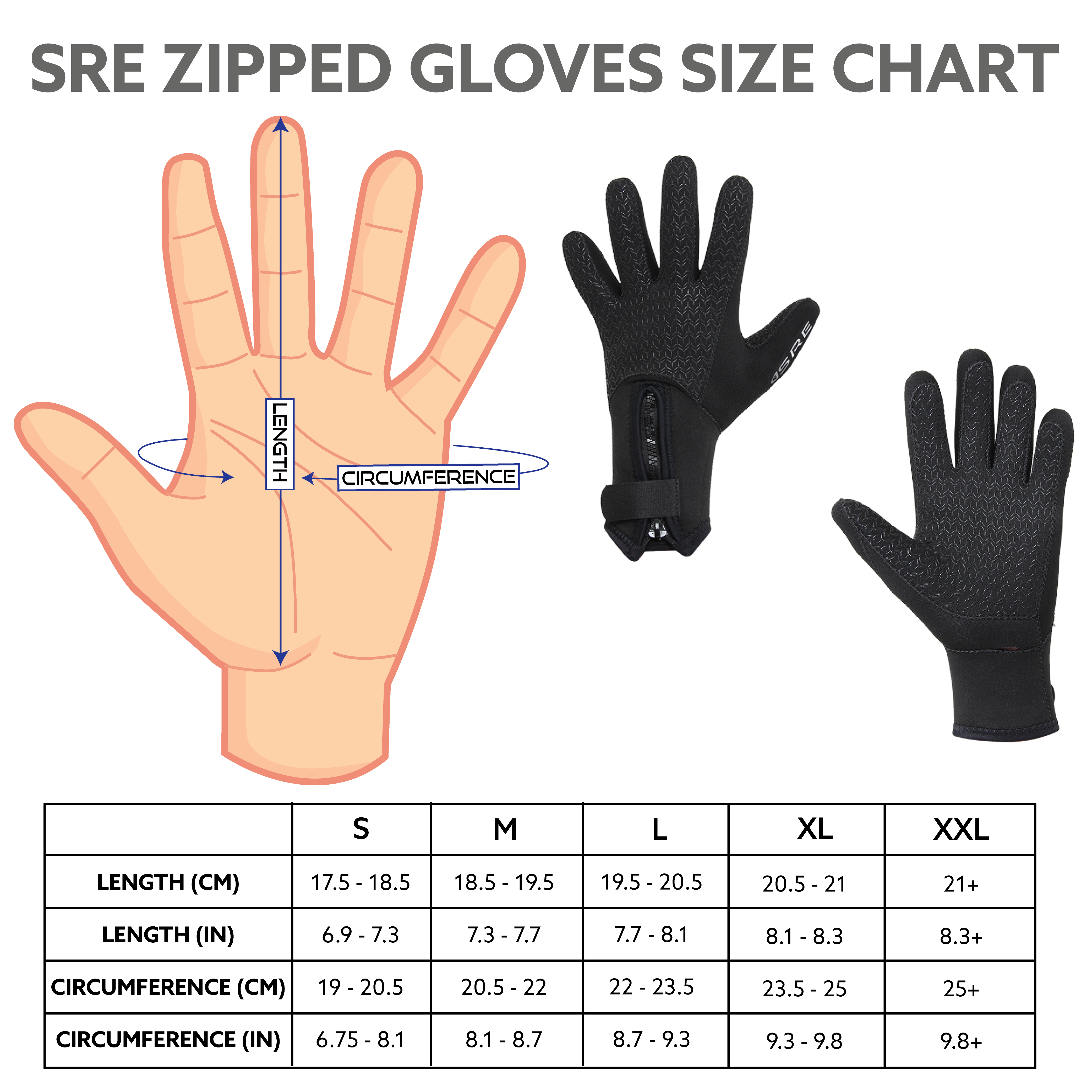 sre zipped glove size chart
