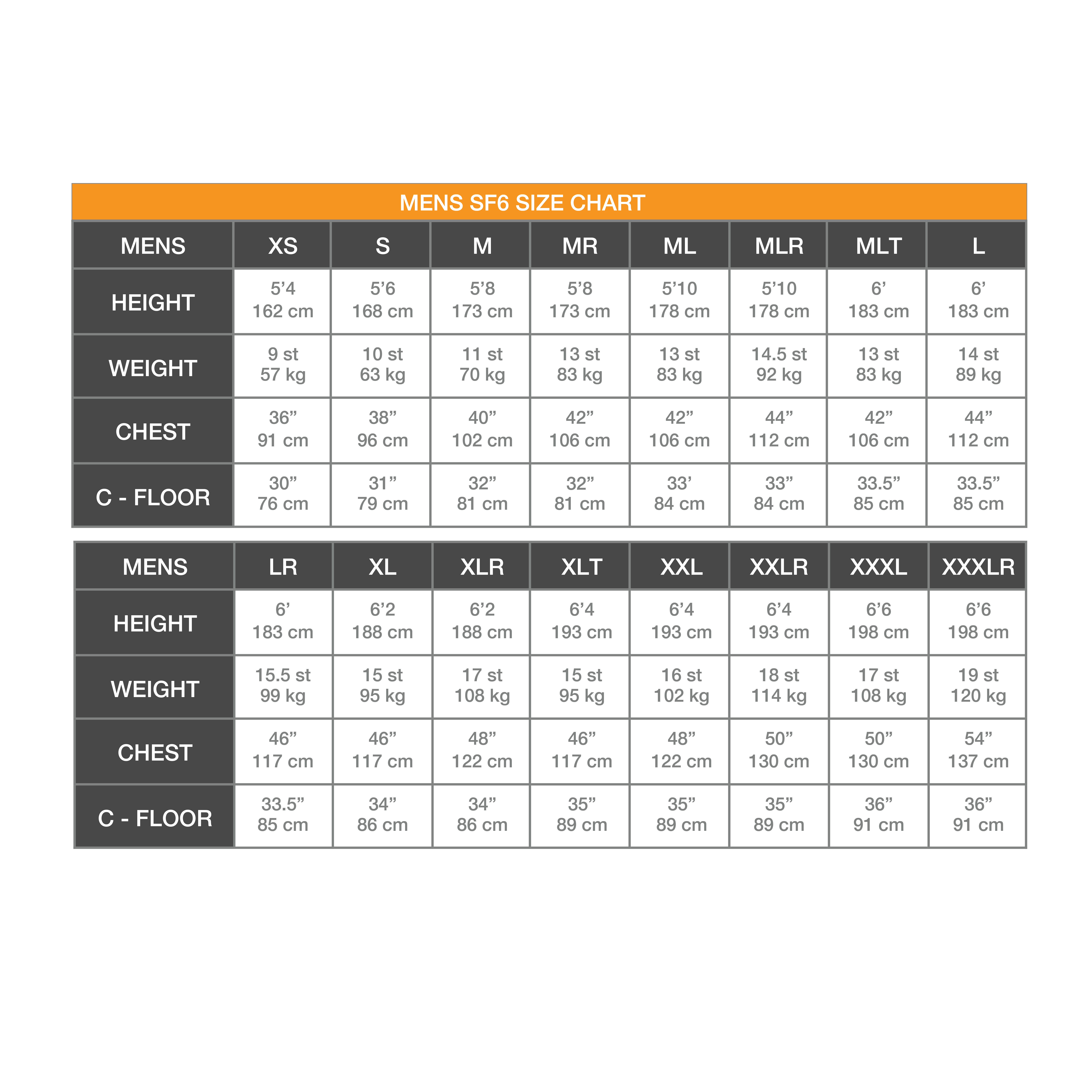 Mens SF6 Size Chart