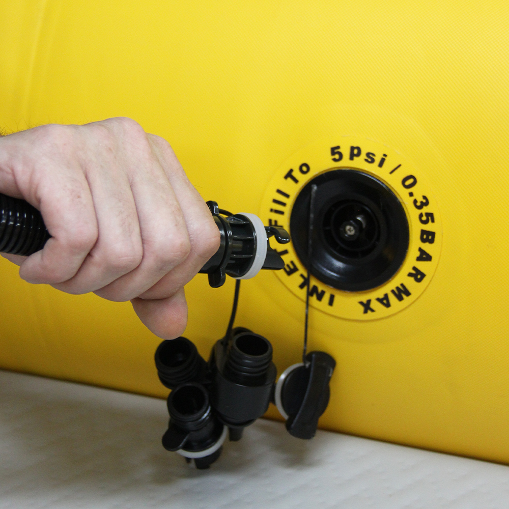 Rechargeable Air Pump | Use other end of the hose to supporting air tap of inflatable, twist clockwise to secure