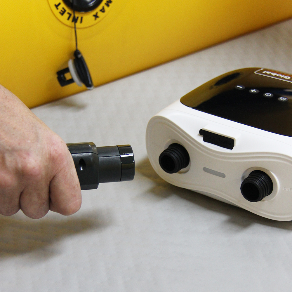 Rechargeable Air Pump | Twist flexible conduit adaptor clockwise when attaching to inflation inlet